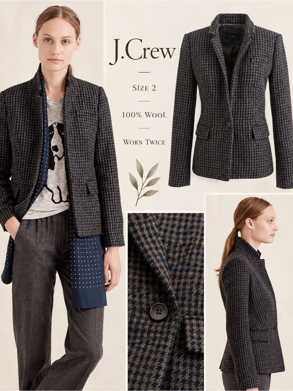 J. Crew Wool Houndstooth Blazer - Navy & Charcoal size 2
